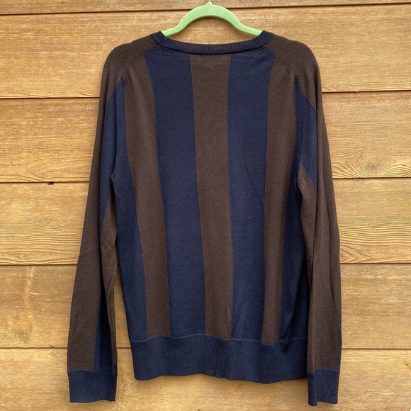 Faconnable Brown and Navy Blue Vertical Stripe Merino Wool Crewneck Sweater NWT - Picture 2 of 9